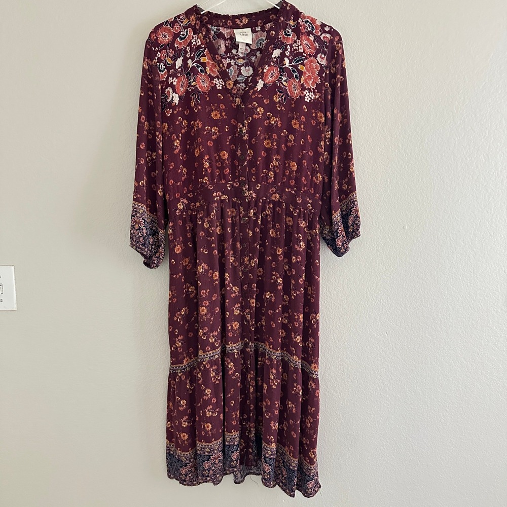 Knox Rose Floral Boho Midi Dress Large Burgundy Button Front Tiered Cottagecore